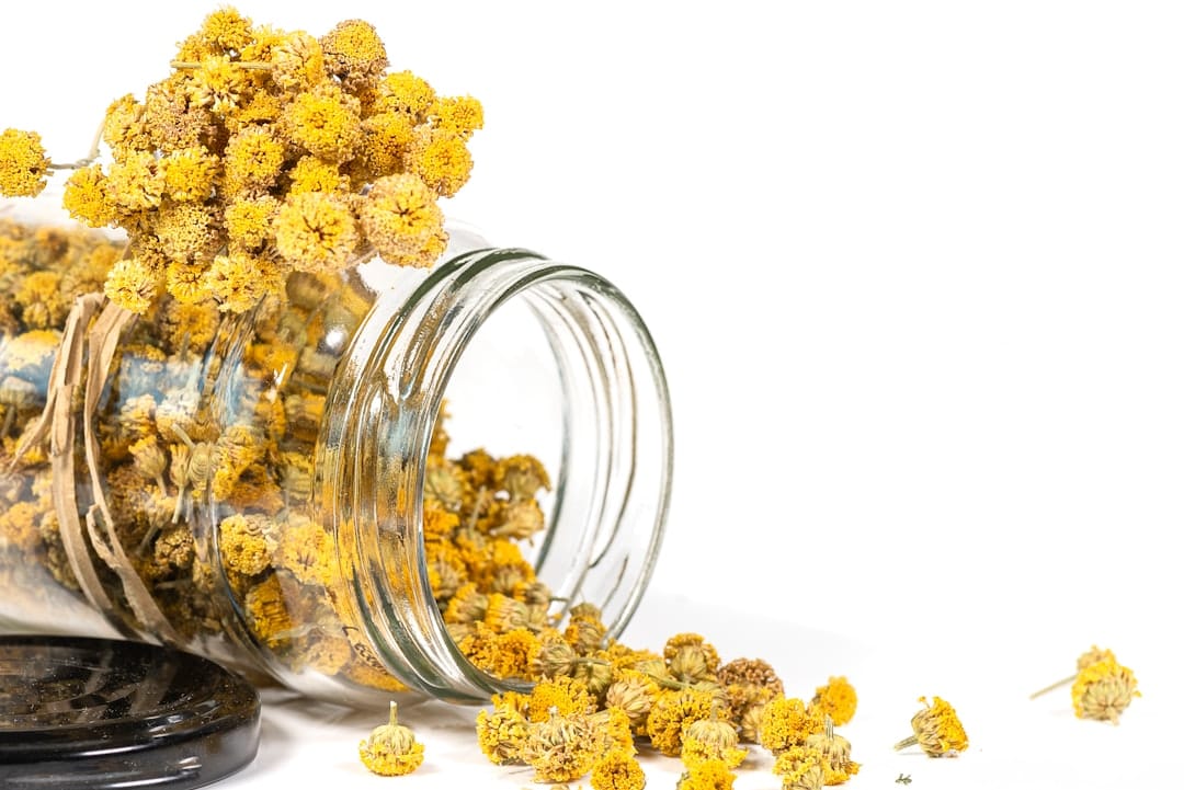 Dried chamomile flowers are used to make chamomile tea.